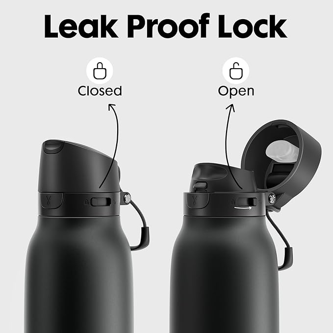 Meoky 24 oz Slim Insulated Water Bottle: 2-in-1 Locking Lid, Night | Leak Proof, Straw and Spout, 24 Hours Cold, Top Handle, BPA Free, Stainless Steel Water Bottle for Men Sports Travel Gym