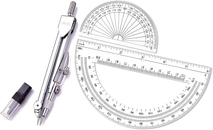 Drawing Compass and Plastic Math Protractors 180 Degree,4 Inch and 6 Inch,3 Piece Student Geometry Math Set (Style 1)