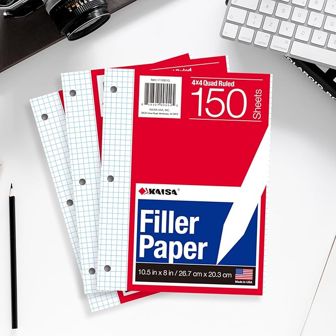 Kaisa Graph Paper Filler Paper USA-Made Bulk Wholesale Available 3 Pack 4x4 Quad Rule 3-Hole Punched Loose Leaf Paper 8x10.5 Filler Paper for 3-Ring Binder, 150 Sheets/Pack
