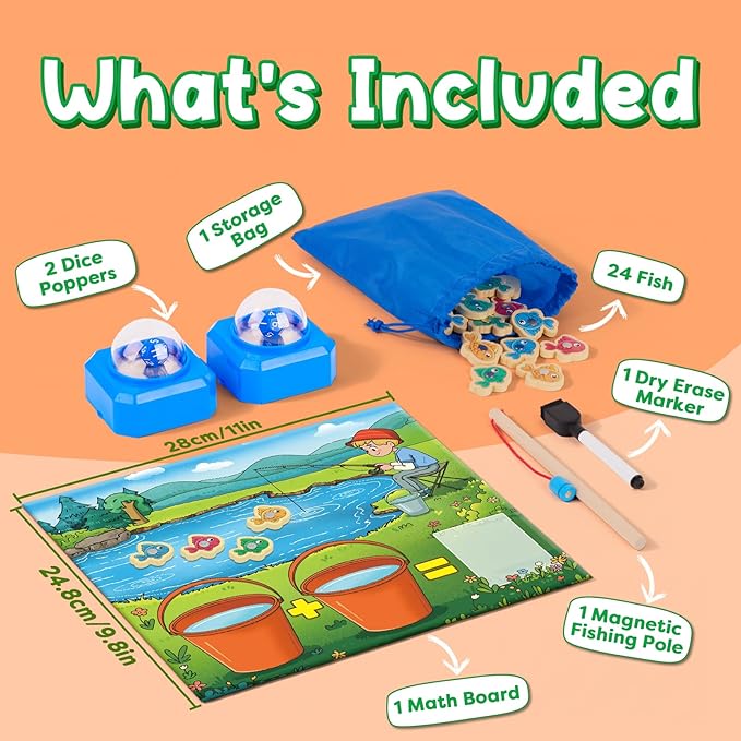 Magnetic Fishing Math Game for Kids 3-5, Montessori Counting Toy with Dice Poppers, Preschool Math Manipulatives Board Game, Addition and Subtraction Dice Game for Homeschool Classroom
