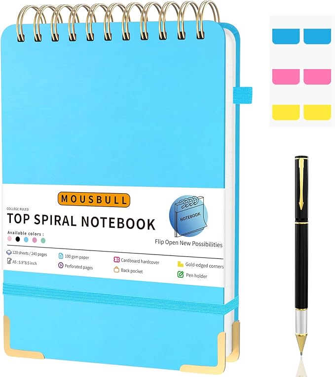 Top Spiral Notebook, A5 Hardcover Top Bound Steno Pads, 240 Pages 100gsm College Ruled Left Handed Notebook Journal for Work, School, Meeting Writing - Blue, 5.9" x 8.5"