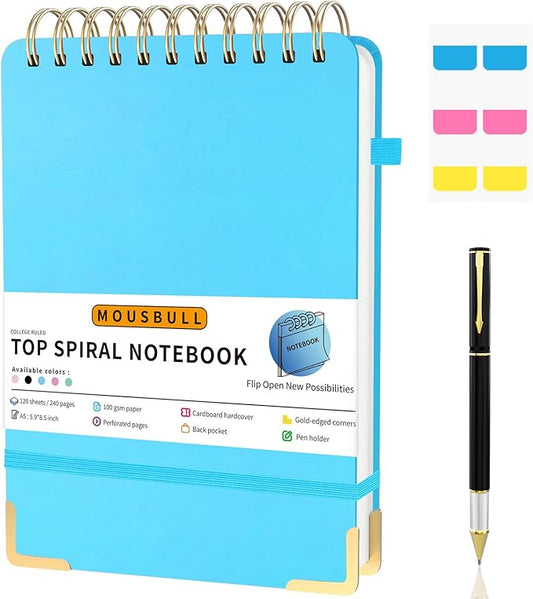 Top Spiral Notebook, A5 Hardcover Top Bound Steno Pads, 240 Pages 100gsm College Ruled Left Handed Notebook Journal for Work, School, Meeting Writing - Blue, 5.9" x 8.5"