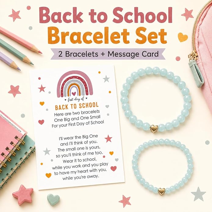 Back to School Bracelets Heart Matching Mommy and Me Elastic Wish Strings Bead Bracelets First Day of School Supplies Gifts