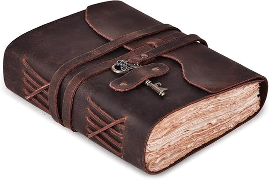LEATHER VILLAGE Vintage Leather Journal – 200 Handmade Vintage Deckle Edge Paper – Leather bound Journal For Women Men – Vintage Key Closure - Book of Shadows - Chocolate Brown - 10X7 inches