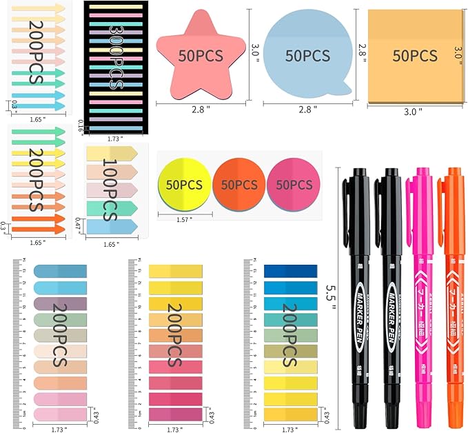 BAYTORY 1700 Sheets Transparent Sticky Notes, 4Pcs Double Maker Pens, See Through Clear Index Tabs, Self-Adhesive Translucent Memo Pads for Bible Accessories (Light Colors)