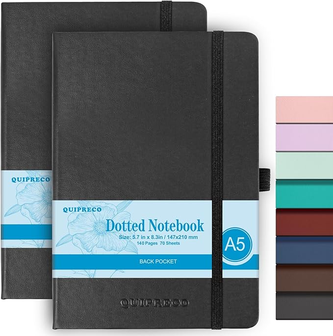 2Pack Bullet Dotted Journal Hardcover Notebook, A5 140 Pages 120Gsm Thick Paper for School,Note Taking,Work,Diary，5.7''*8.3'',Black