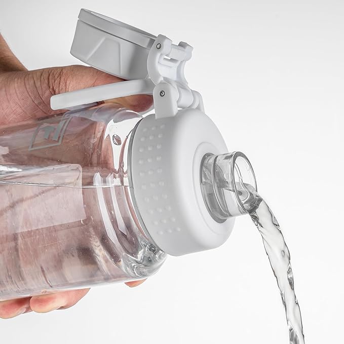 Fanhaw 32 oz Clear BPA-Free Tritan Water Bottle with Fast-Flow Spout Lid, Leakproof Wide-Mouth Reusable Bottle for Gym, School & Office (Clear&White)