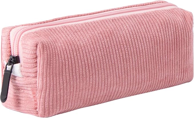 Corduroy Pencil Case for Girls Kids Large Capacity Aesthetic Pen Pouch Makeup Bag Cosmetic Organizer Cute Stationery Storage Bag for School Office Travel Minimalist Pencil Box (Pink)