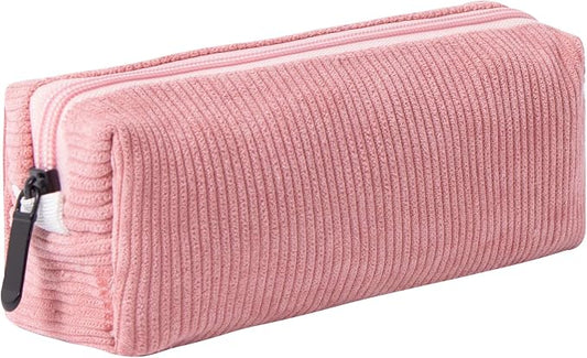 Corduroy Pencil Case for Girls Kids Large Capacity Aesthetic Pen Pouch Makeup Bag Cosmetic Organizer Cute Stationery Storage Bag for School Office Travel Minimalist Pencil Box (Pink)
