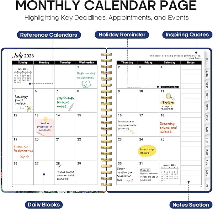 Planner 2026-2027, Academic Year Monthly and Weekly Calendar Planner, Jul 2026 - Jun 2027, Hardcover Teacher Student Planning Agenda book with Tabs, Perfect for School Office Supplies, 6.3" x 8.5" - Lavish Bloom