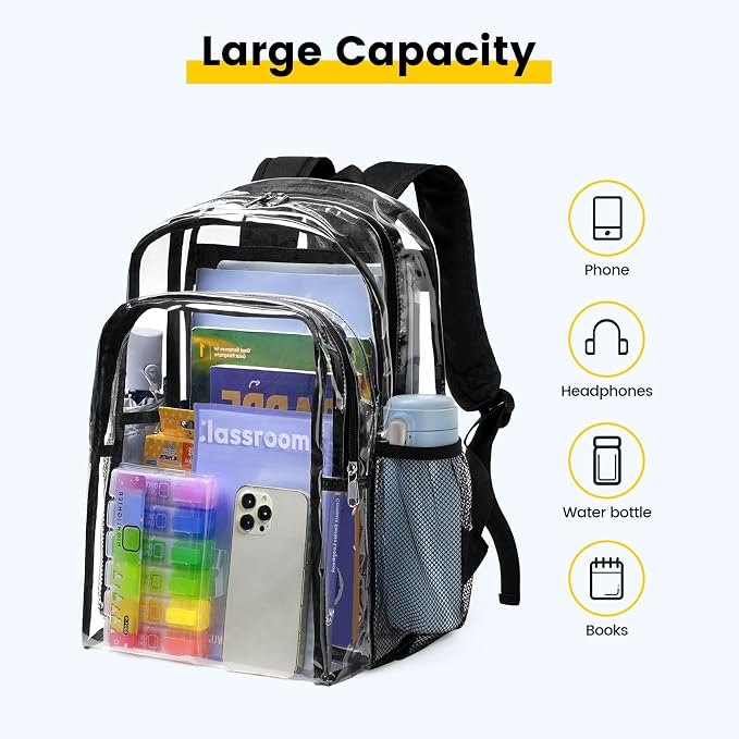 Vorspack Clear Backpack Heavy Duty - Clear Backpacks Transparent Bookbag for Girls Boys Large See Through Bag for Work, College, Concert - Black