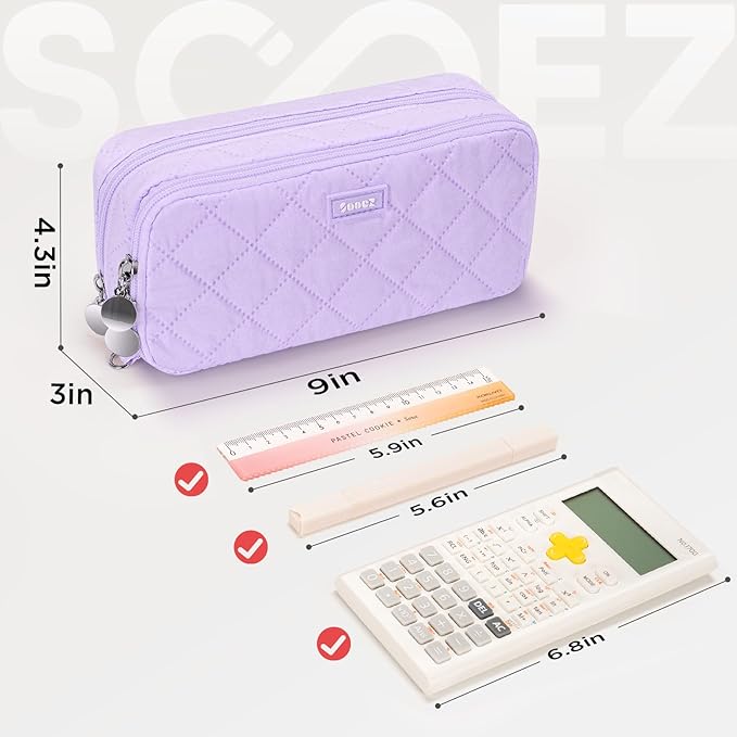 Sooez Large Pencil Case Pouch, Extra Big Pencil Bag with 8 Compartments, Pen Bag Wide Opening, Soft Quilted Pencil Pouch Organizer with Zipper, Portable Pencil Case for Teen Girls, Purple