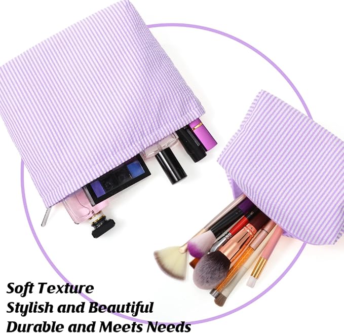 Huhumy 2 Pcs Makeup Bag Set for Women, Purple, Thin Striped Seersucker | Cute Cosmetic Pouch Women Travel Toiletry Bag Preppy Small Makeup Purse Pouch Aesthetic Skincare Brushes Storage Organizer