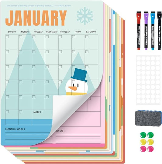Ospelelf Undated Dry Erase Wall Calendar 12 Month, 12" x 17" Laminated Calendar Monthly Office Calendar 2026, 12 Sheets