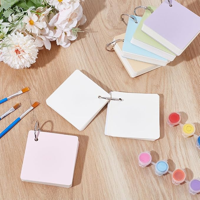 PLIGREAT 6 Pcs Colorful Mini Index Card, 3.1×3.1 Inch Square Flash Cards 55 Sheets Blank Note Cue Cards with Binder Rings Portable Notecard for Painting Note Taking Office, 6 Colors