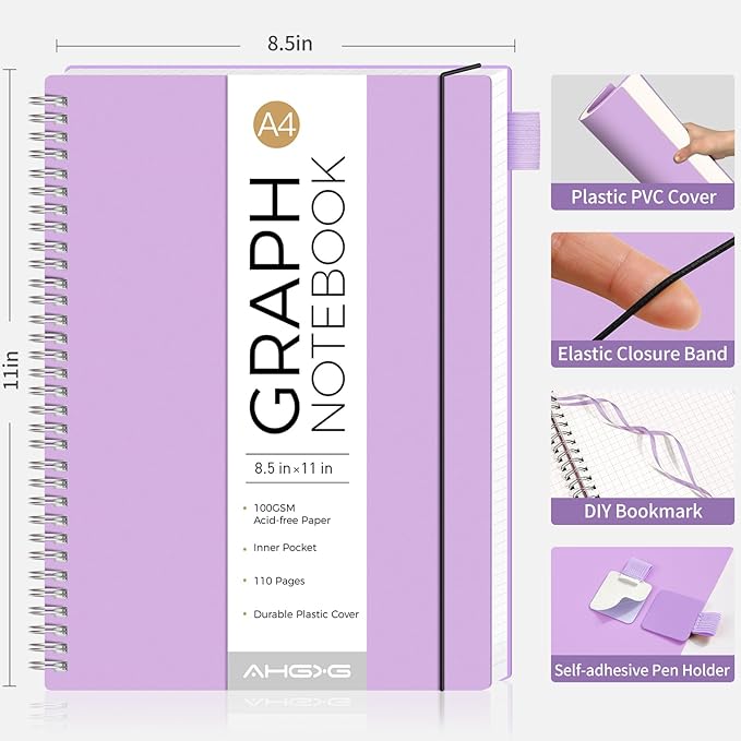 AHGXG Graph Paper Notebook - Spiral Notebook 8.5" x 11", A4 Large Graph Notebook, 100 gsm Thick Grid Paper, Waterproof Plastic Cover Journals for School Writing Engineering Math, Purple