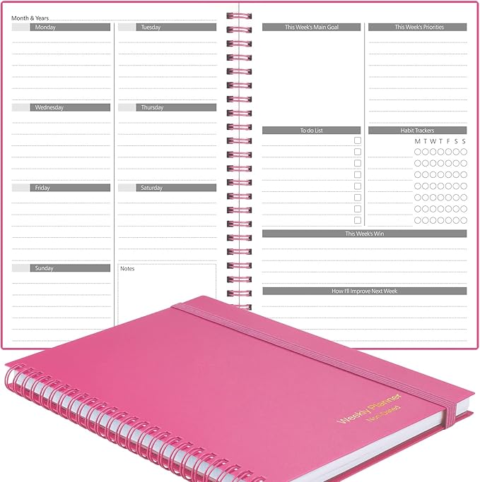 Planner, Asten Undated Weekly Planner Goal Planner Notebook, To Do List Planners Spiral Planner for Men and Women,PVC Hardcover,Elastic Closure, Inner Pocket 8.3" x 5.8" (Pink)