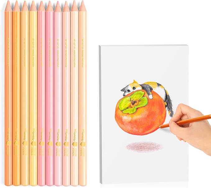 Woomer Colored Pencils: 10-Piece Pink Colored Pencils with Paper 20 Professional Fine Grain Drawing Paper for Multi-Layer Blending Practice