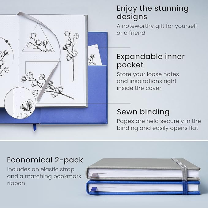 ARTEZA Dotted Journals, Pack of 2, 6x8 Inches, 96 Sheets, Cobalt Blue and Gray, Hardcover Notebooks with Smooth Paper