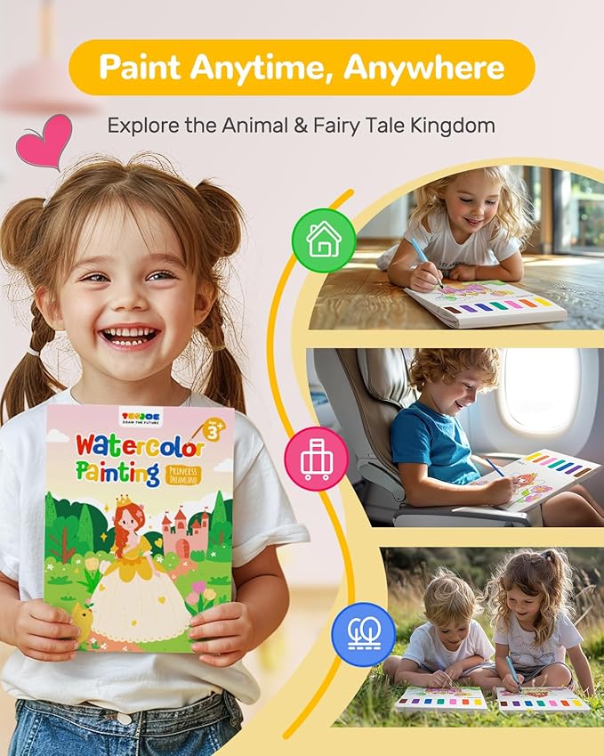 TECJOE Paint with Water Coloring Books for Toddlers, Princess Series Watercolor Set with 3 Brushes, Mess Free Painting Activity for Kids Ages 4 5 6 7 8, Christmas Gifts Arts & Crafts Toy