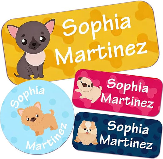 Waterproof Custom Name Stickers (135 Labels) - Personalized Daycare Labels for Clothing, Water Bottles, Lunch Boxes & School Supplies - Ideal for Camp & Daycare - No-Iron (Puppy)