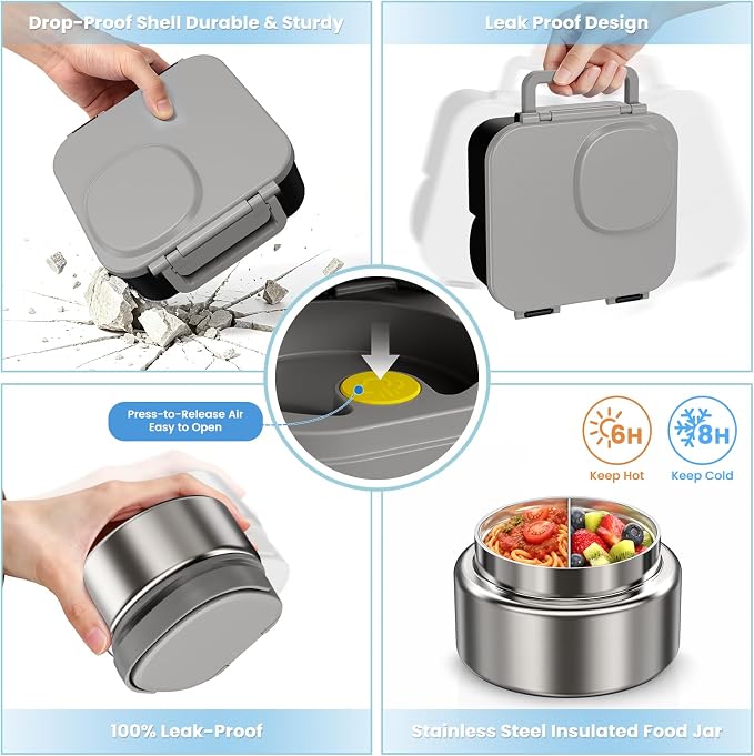 wiwens Kids Bento Lunch Box with Soup Thermo Food Lunch Container for Kid | 4 Compartment Leak-Proof Kids Lunch Box,9oz Stainless Steel Insulated Hot Food Jar,for Boys Girls Toddler to School Travel