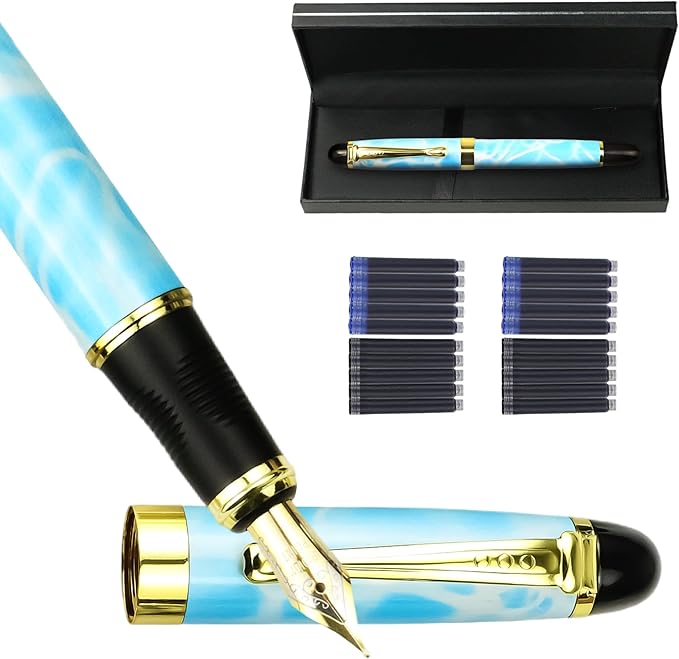 YUNCHUN Marble Fountain Pen for Writing, Refillable Luxury Metal Pens with Ink Pen with 10 Black and 10 Blue Ink Refills, Business Writing Fountain Pen for Men and Women, Marble Blue