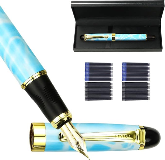 YUNCHUN Marble Fountain Pen for Writing, Refillable Luxury Metal Pens with Ink Pen with 10 Black and 10 Blue Ink Refills, Business Writing Fountain Pen for Men and Women, Marble Blue