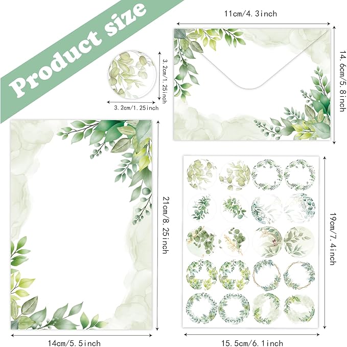 160-Piece Eucalyptus Stationery Envelopes Set – 50 Writing Papers, 50 Envelopes, 60 Sealing Stickers – Greenery Botanical Letter Writing Kit for Invitations, Business, Wedding