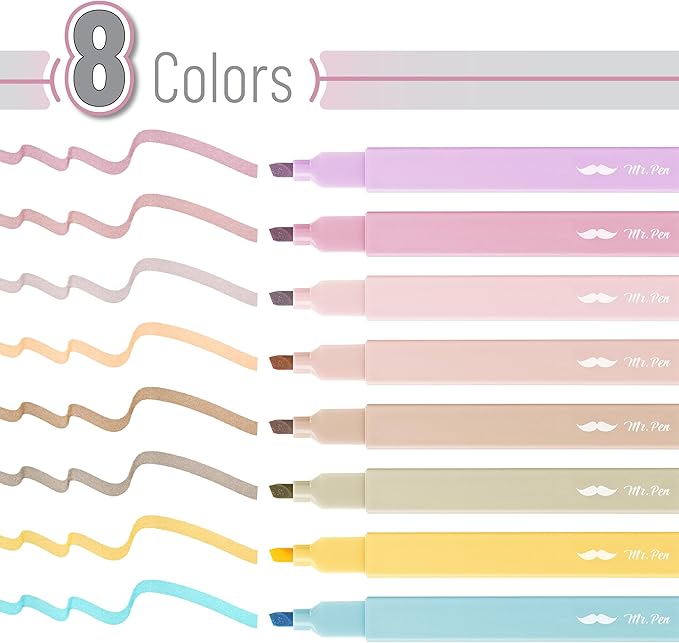 Mr. Pen- Aesthetic Highlighters No Bleed, 8 Pack, Neutral Colors, Chisel Tip, Cute Highlighters Assorted Colors for Journaling, Highlighting, Underlining, Fast Dry, Back to School Supplies