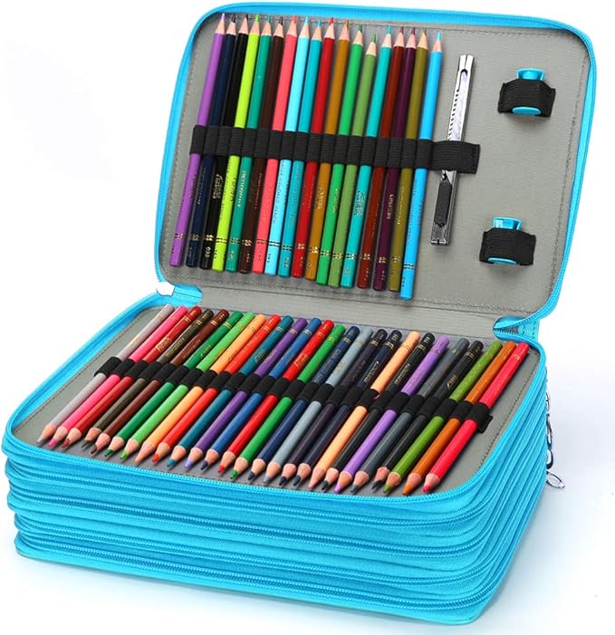 Vomgomfom 252 Slots Pencil Bag, 5-Layer Zipper Art Supply Organizer, PU Leather Portable Colored Pencil Case with Handle for 252 Watercolor Pens, Gel Pens (Green)