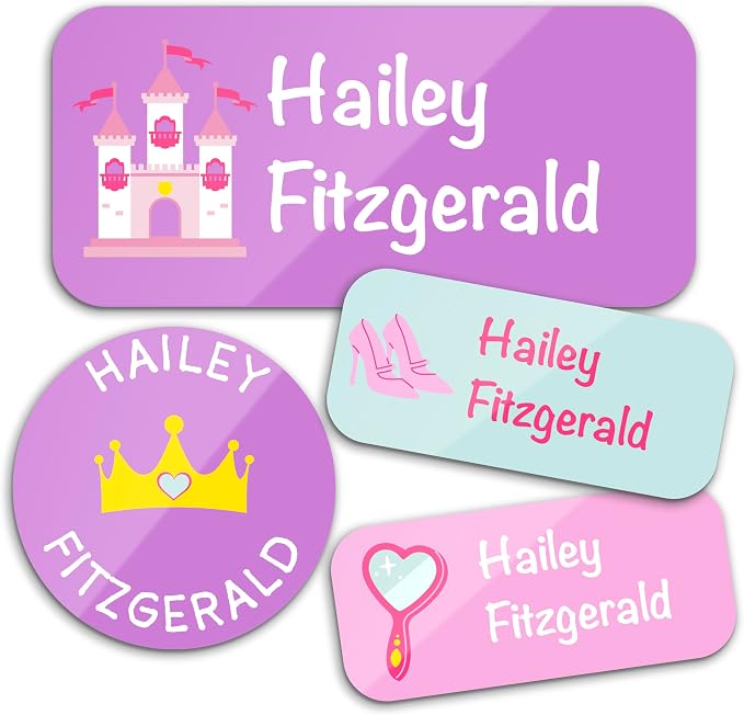 Personalized Waterproof Name Labels for Kids | Optional Packs 50, 150, 230 Labels | Custom Name Stickers for Kids' Clothing Tag, Water Bottle, Lunch Box, Customize Kid Name Label for Daycare Princess