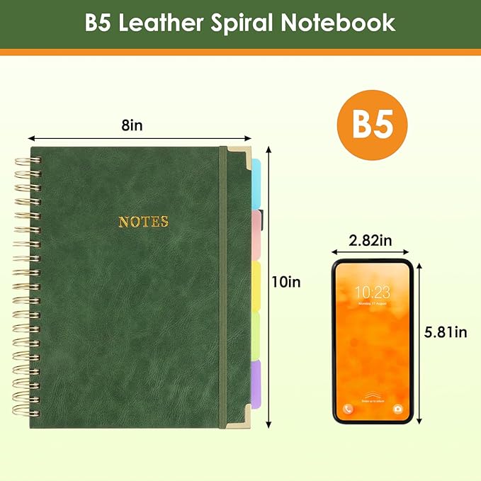 LABUK 5 Subject Notebook College Ruled with Movable Tab Dividers, 300 Pages 8"x10"/B5 Leather Hardcover Spiral Notebook, 100GSM Thick Journal Notebooks for Work, School, Green