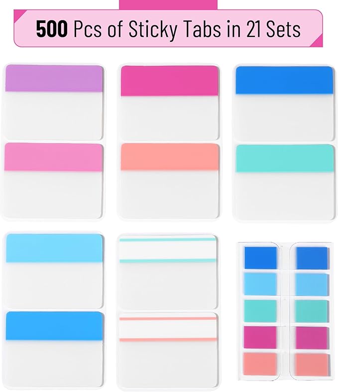 Mr. Pen- Sticky Index Tabs, 500 Pcs, 21 Sets, Colorful, Writable Colored Pages Markers Labels for Reading Notes, Books, Binders, Notebook, Folders and Classify Files, Water-Resistant