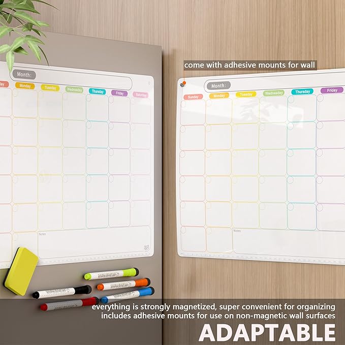 Dry Erase Calendar Kit- Magnetic Calendar for Refrigerator - Monthly Fridge Calendar Whiteboard with Extra-Thick Magnet Included 5 Marker & Eraser & Adhesive Hooks for Wall Hanging