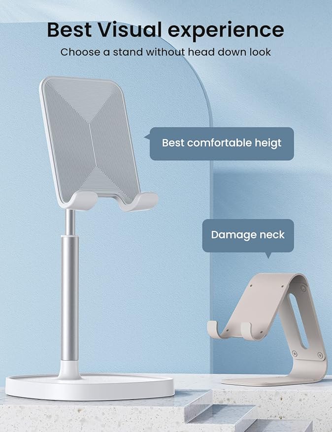 LISEN Cell Phone Stand Adjustable Phone Holer for Desk, Computer Office Desk Accessories for iPhone 16 Holder Women Kitchen Essentials Fits All Mobile Phones Switch Kindle iPads Tablet 4-10in (White