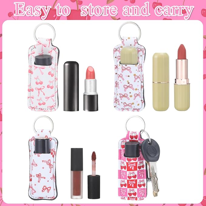 12 Pcs Pink Bow Cherry Lipstick Holder Keychain Bulk Cute Pocket Lip Balm Holder Keychain Backpack Purse Accessories for Women Lip Gloss Sleeve Pouch, 6 Style