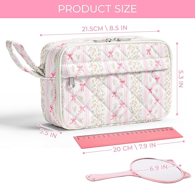 WOBAGMEN Quilted Pencil Pouch for Girls Women, Large Pencil Case Pouch with Compartments Cute Aesthetic Pencil Case Organizer, Floral Pencil Bag for School Supplies (Bow Floral Stripes)