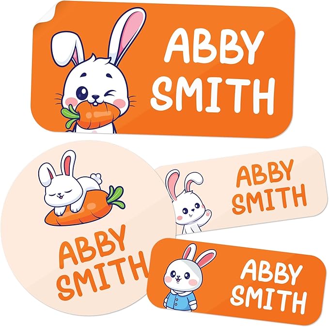Personalized Daycare Name Labels for Kids, (130 Pack) Waterproof Custom Name Stickers for Clothing Tags, Lunch Boxes and School Supplies, Made in USA by MSC -Rabbit