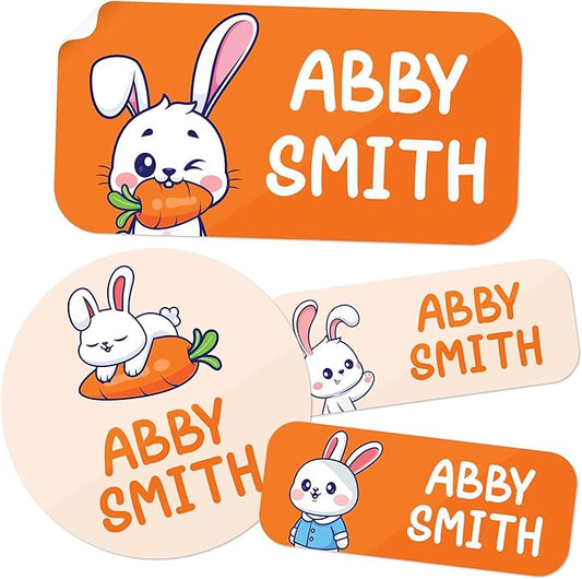 Personalized Daycare Name Labels for Kids, (130 Pack) Waterproof Custom Name Stickers for Clothing Tags, Lunch Boxes and School Supplies, Made in USA by MSC -Rabbit