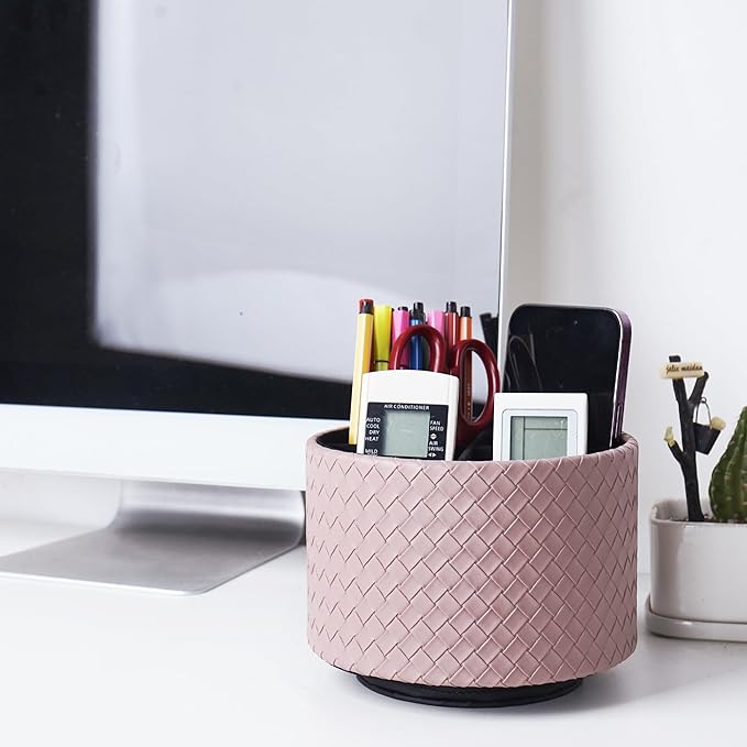 Round Leather Art Supply Organizer,Remote Control Holder,360 Degree Spinning,Multi-Functional Pencil Holder,4 Compartments Desktop Stationary Organizer(1-Weave Purple)