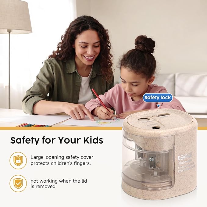Eagle Electric Pencil Sharpener, Battery or USB Operated, Dual Holes, Dual Blades, fit for Pencils of Size 6-8mm and 9-12mm (Stramineous)