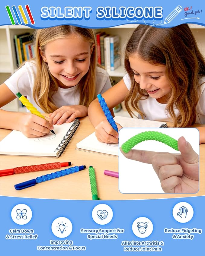 4-Pack Sensory Pencil Grips for Kids Adults,Textured Fidgets Pencil Grips for Kids Handwriting, Quiet Calming Focus Tools for Anxiety Relief, ADHD&Autism Tools,for Classroom Rewards