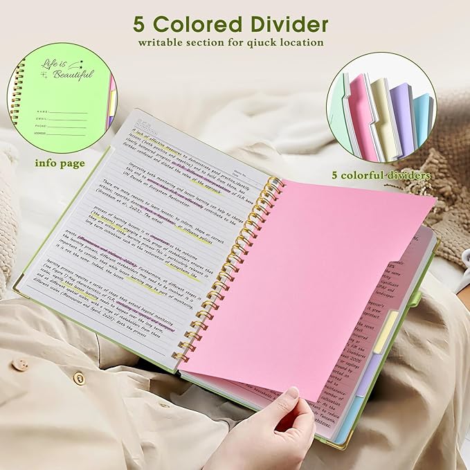 Hardcover Spiral Notebooks for Work, 5 Subject Notebook College Ruled with Dividers Tabs, 8.5" x 11" Lined Notebook Journal for women, A4 Large Notebooks for School Note taking, 240 Pages Green