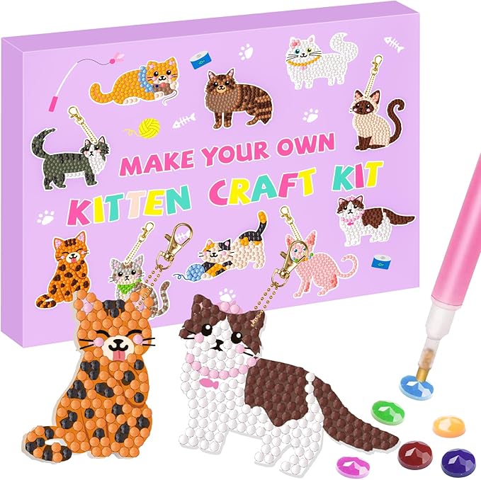 Labeol Arts and Crafts for Kids Ages 8-12 - Creat Your Own GEM Keychains-5D Diamond Art by Numbers GEM Art Kits for Kids Girls Toddler Crafts Age 6-7 6-8 10-12 (Cat)