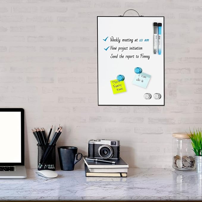 Small Hanging Whiteboard for Wall 16"x12", Portable Aluminum Frame Magnetic Dry Erase White Board with Handle & Markers & Magnets, Door Hang Message Board for Office Home Kitchen Dorm