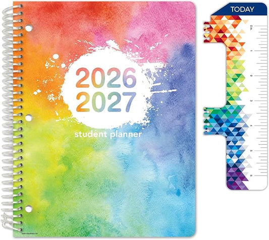 Global Datebooks 2026-2027 Elementary Student Planner 8.5" x 11" - Dated Weekly & Monthly Academic Planner with Ruler/Bookmark & Stickers, Ideal for Homework, Matrix Style, Rainbow Watercolors