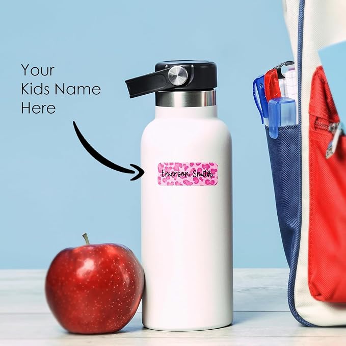 COACO Personalized Kids Name Labels, 90 Holographic Labels, Waterproof, Dishwasher Safe, Ideal for Daycare, Back to School Gift for Kids, Labels for Kids School Supplies (Pink Leopard)