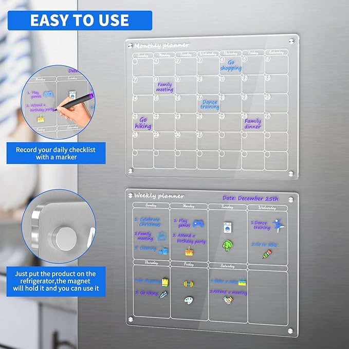 AITEE Acrylic Magnetic Monthly and Weekly Calendar for Fridge, Clear Set of 2 Dry Erase Board Calendar for Fridge Reusable Planner, Includes 6 Dry Erase Markers With 3 Colors(16"x12"Inches)