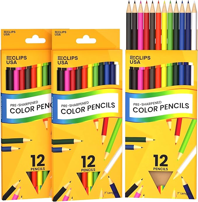 E-CLIPS USA Colored Pencils 12 Count Colored Pencils for Kids Vibrant Coloring Pencils Color Pencil Set (3 Pack)